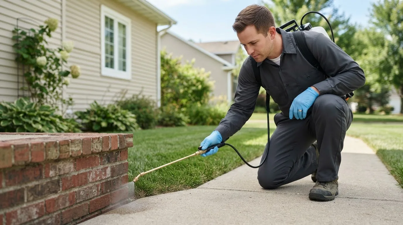 Pest control technician treating a home near Lucas, KS